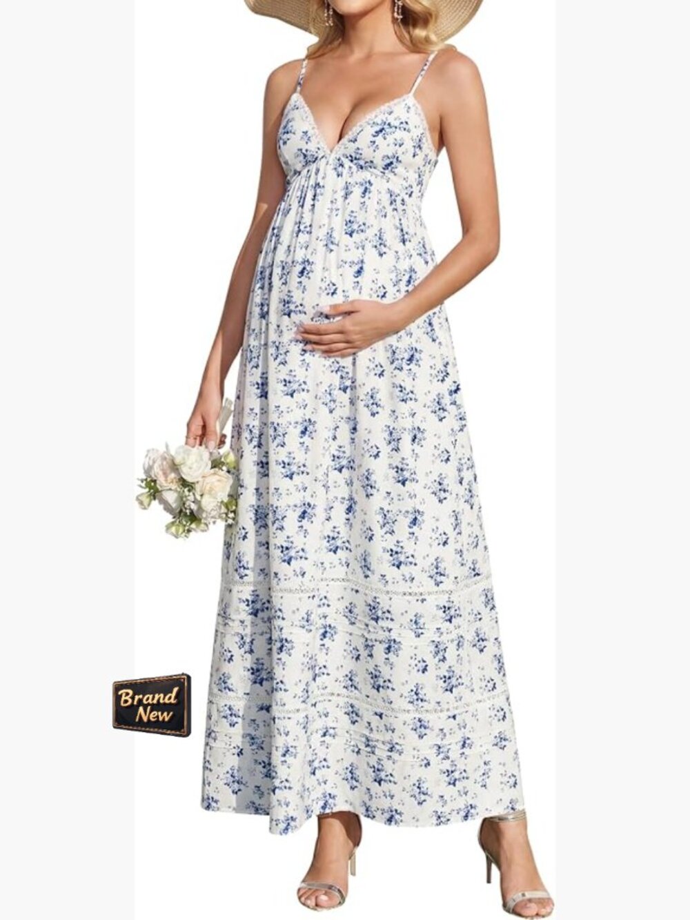Flowy Lace V-Neck Maternity Maxi Dress for Women Baby Shower